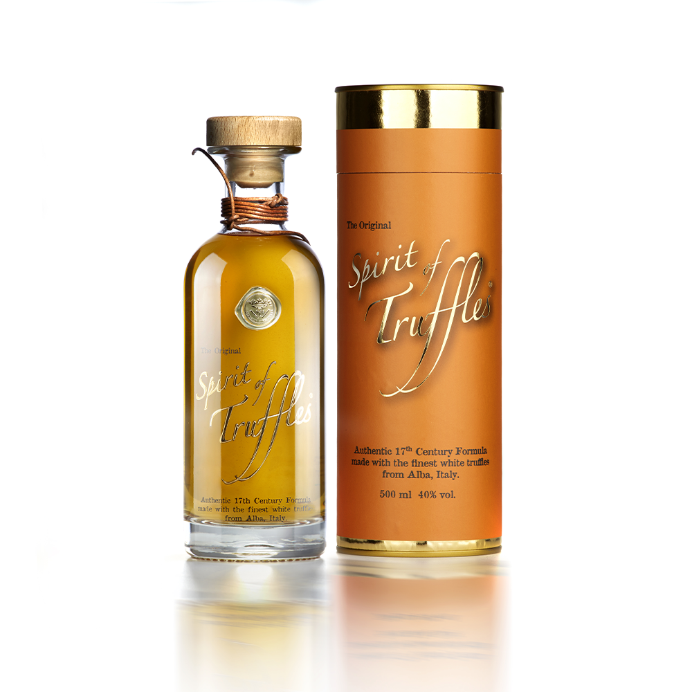 Spirit of Truffles Rum & “On the rocks” glasses in a classic wooden box